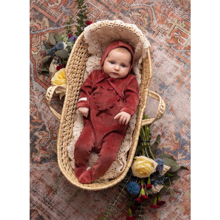 Woven Heart Footie and Bonnet for wholesale by Tricot Bebe