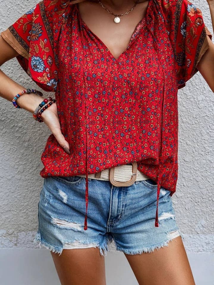 NINEXIS - Wholesale Blouse - Women's - CWTBLS1117_CASUAL BOHO V-NECK SHORT-SLEEVED SHIRT TOP