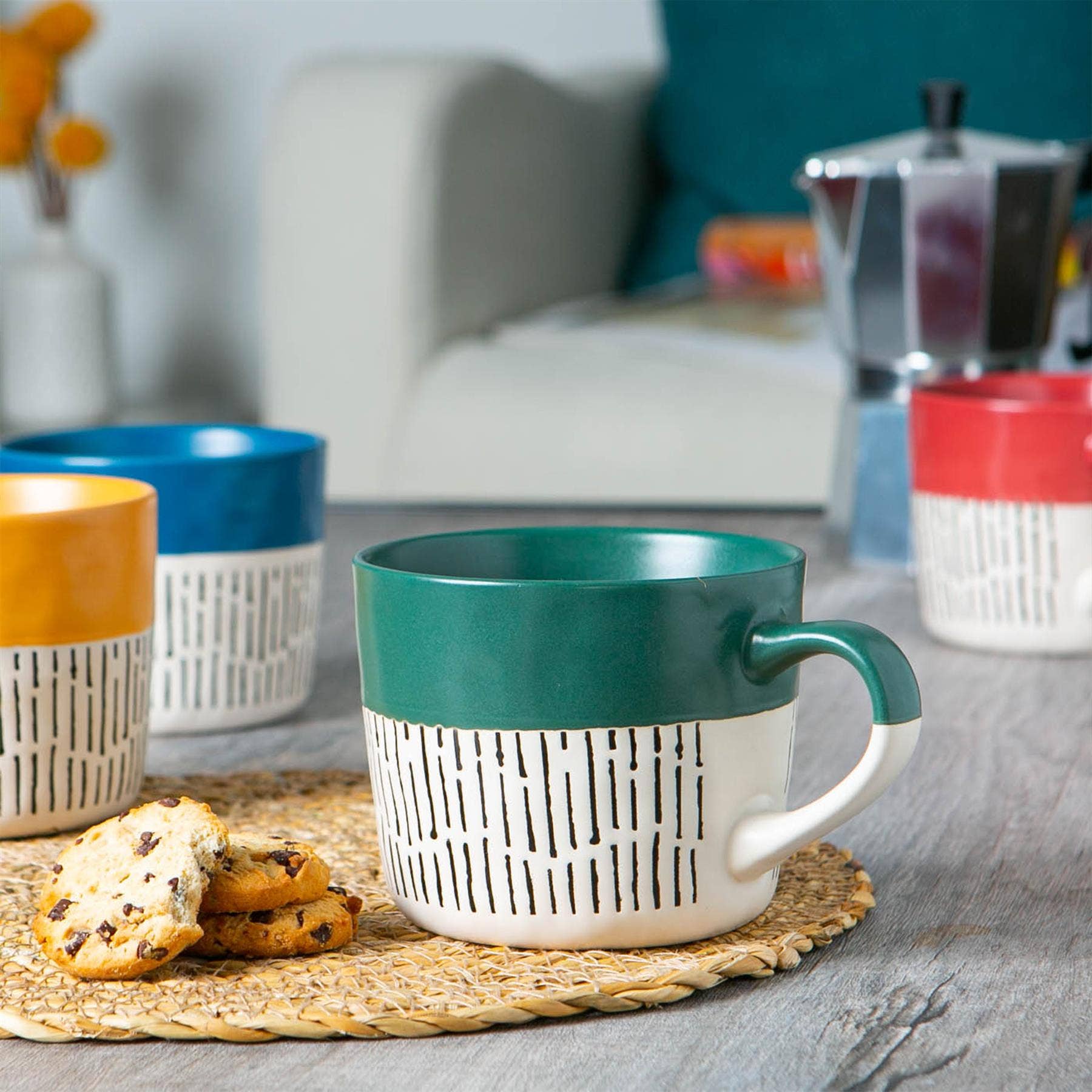 Rinkit Ltd - Venta al por mayor Taza - Taza de café cerámica con diseño salpicado y patrón Dash de Nicola Spring - 385 ml - Salvia1