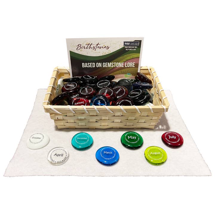 Lifeforce Glass, Inc. - Wholesale Keepsake Coin/Token - Imprinted Birthstone Assortment of Glass Rocks with Display1