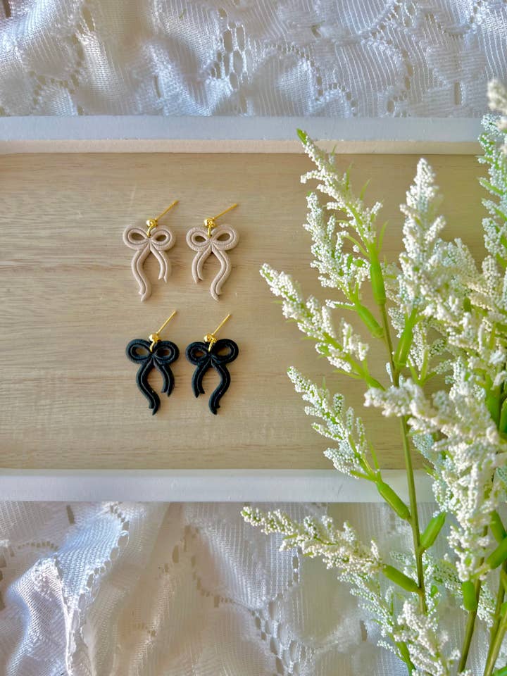 Embossed Bow Earrings, Bow Clay Earrings, Bow Earrings for wholesale by SeizeTheClayJewelry
