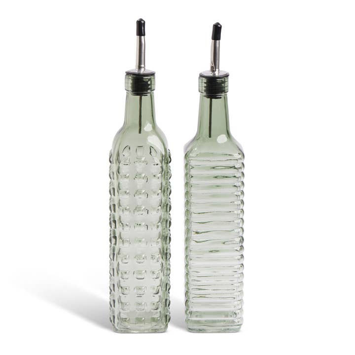 Core Home - Wholesale Oil/Vinegar Dispenser - Set of 2 500ml Dotted & Ribbed Glass Cruets - Matcha
