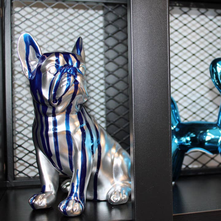 Interior Illusions Plus - Wholesale Sculpture - Painted Sitting Blue Drip French Bulldog Sculpture - 8" tall