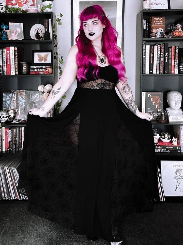 Weasel Wear - Wholesale Dress - Women's - Arachnophobia Maxi Dress - Black Rayon Jersey Maxi with Spiderweb Mesh Panels (Dark Web Edition)12