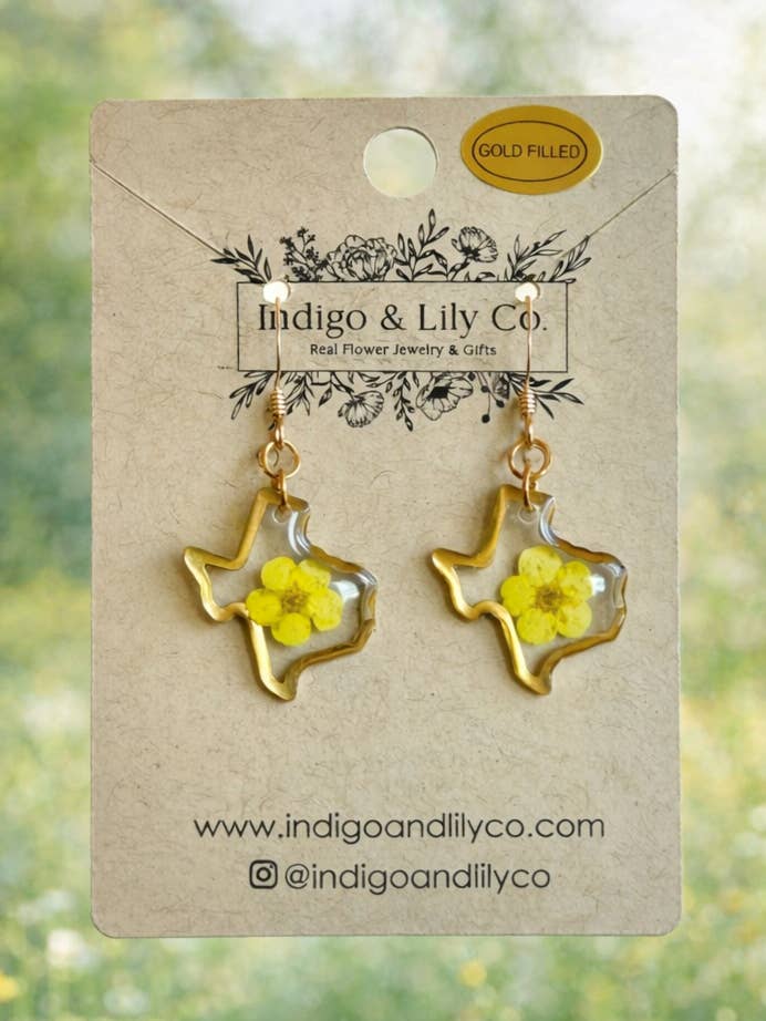 Texas Earrings, Pressed Flowers, 14k gold filled for wholesale by Indigo & Lily Co.