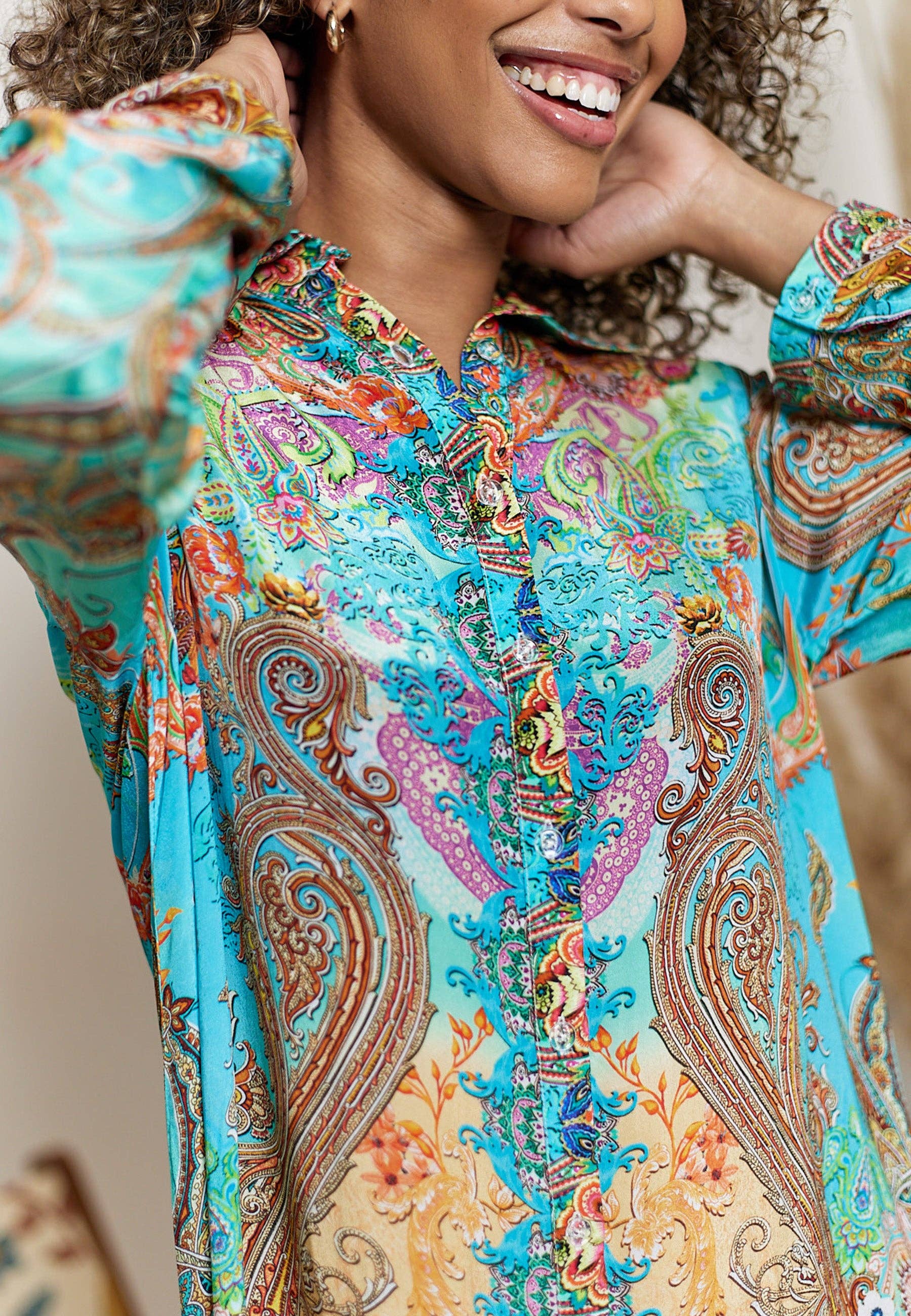 ANGELEYE – wholesale Dress – Women's – Luxurious Viscose Crepe Midi Shirt Dress in Premium Bohemian Orange Print4