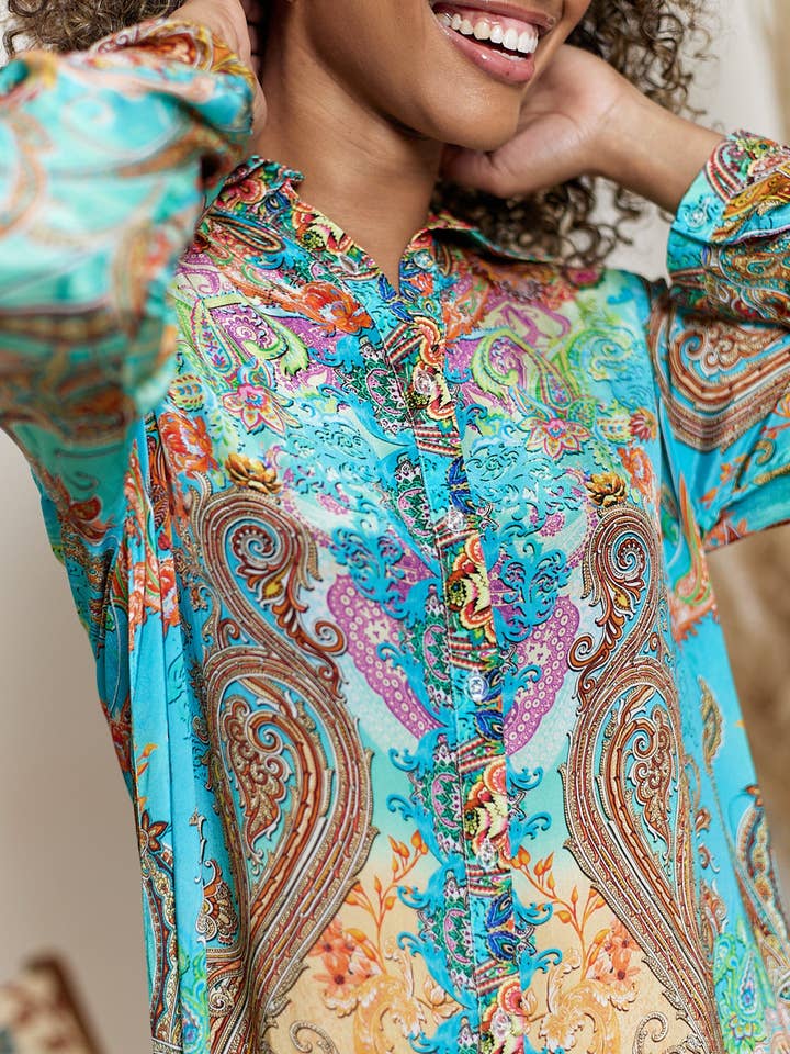 ANGELEYE – wholesale Dress – Women's – Luxurious Viscose Crepe Midi Shirt Dress in Premium Bohemian Orange Print4