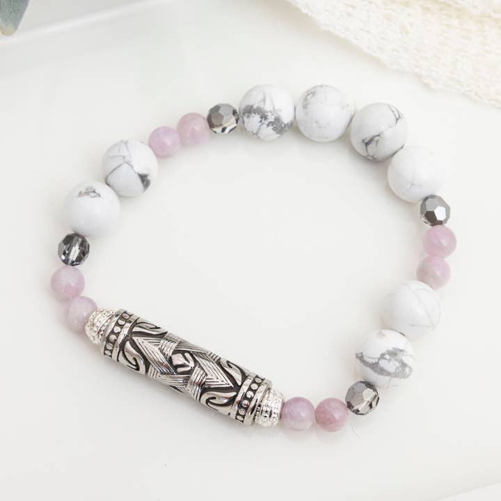 Kunzite and Howlite bracelet with a Tibetan bead for wholesale by Bijoux Lyne Meikle