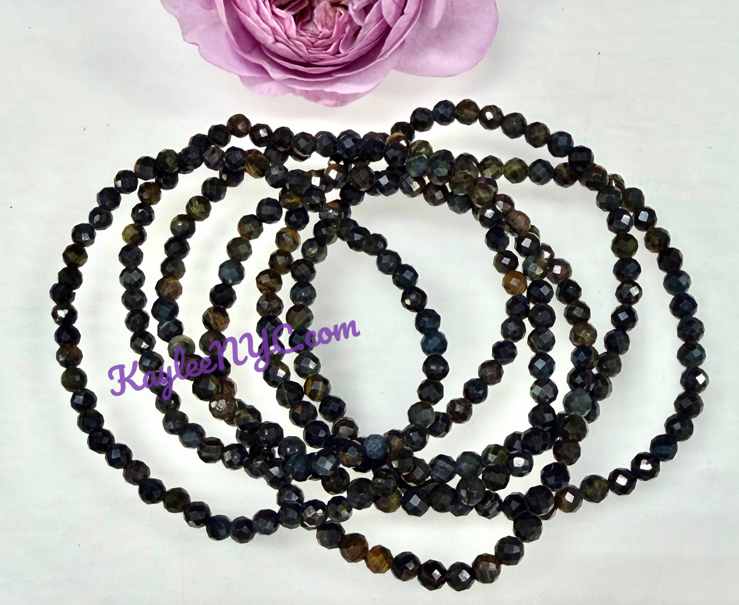 KayleeNYC - Wholesale Beaded Bracelet - Natural Faceted Blue Tiger 4mm 7.5” Crystal Bracelets3