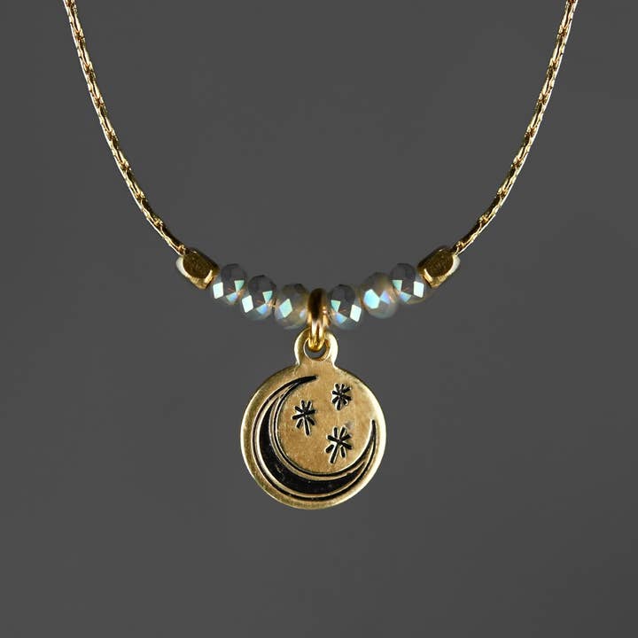 Blackened Moon w/ Opalescent Crystals on Delicate Chain Neck for wholesale by KBD Studio