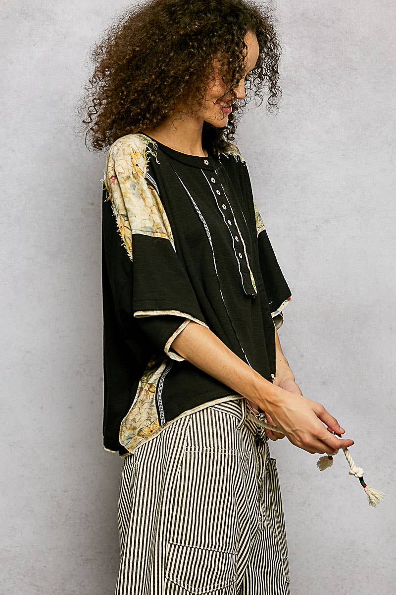 Pol Clothing - Wholesale Knit Top - Women's - Floral Print Patch Button Down Short Sleeve Top2