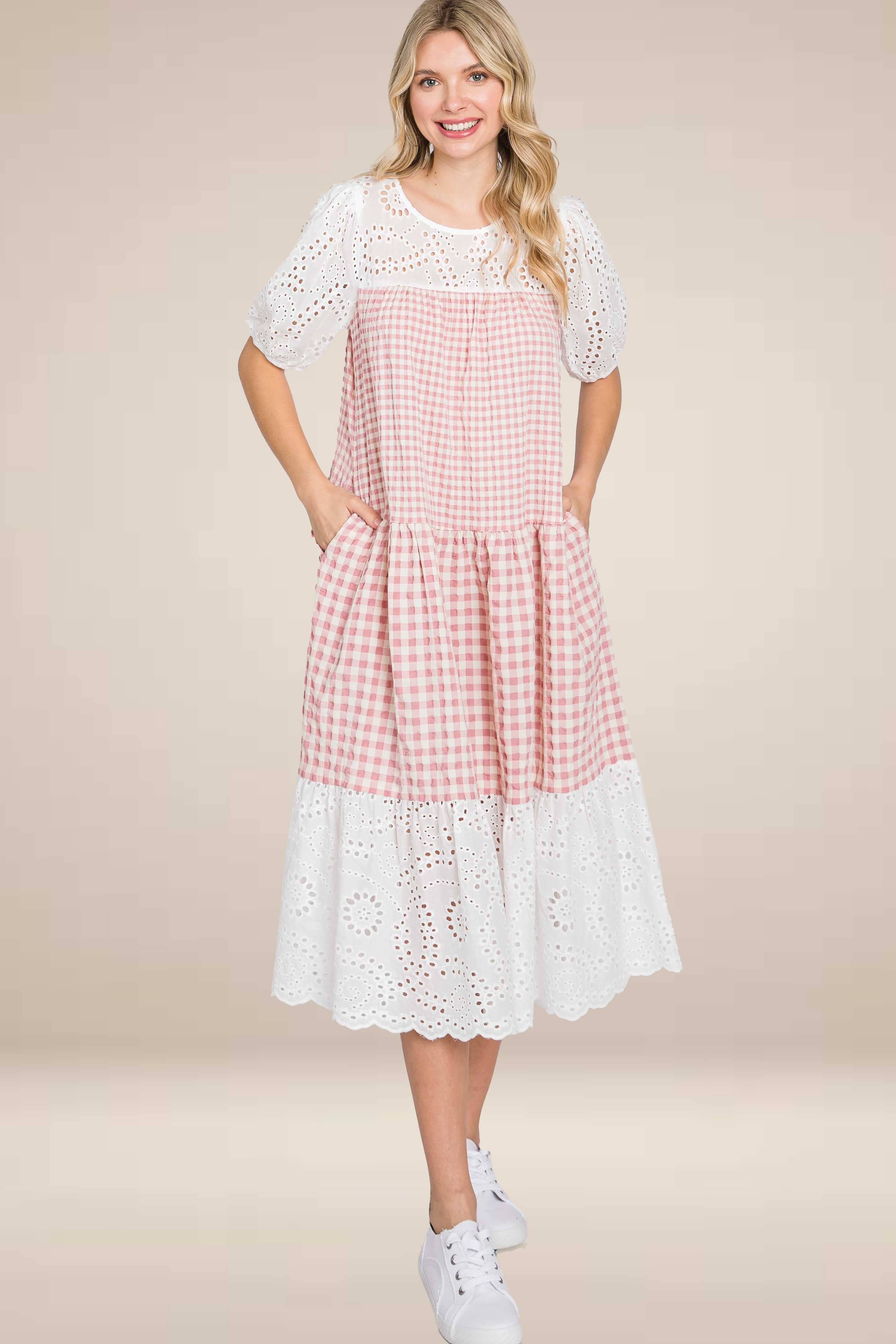 ELLEBORN - Wholesale Dress - Women's - Gingham with cotton eyelet midi dress  3127D-25