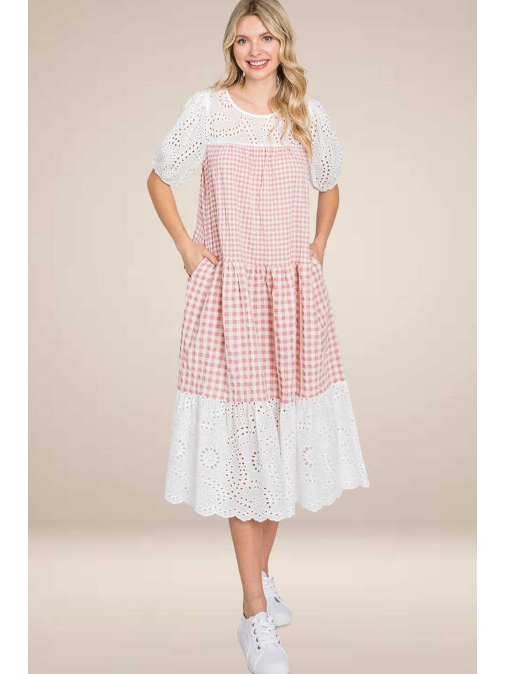 ELLEBORN - Wholesale Dress - Women's - Gingham with cotton eyelet midi dress 3127D-25
