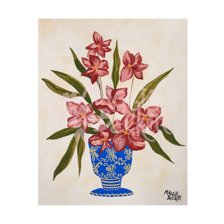 Mauve Flowers in Blue Vase Art Print for wholesale by Maggie Beckett Studio
