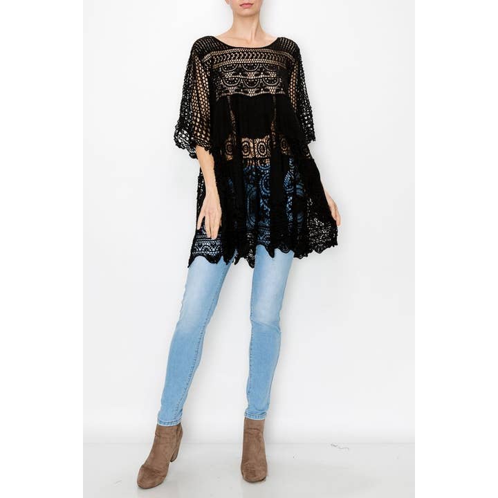 Tunica Boho Flowy in Pizzo Testurizzato all'Uncinetto - 4516 BK per la vendita all'ingrosso da parte di Origami Apparel ~ Lace and Crochet inspired