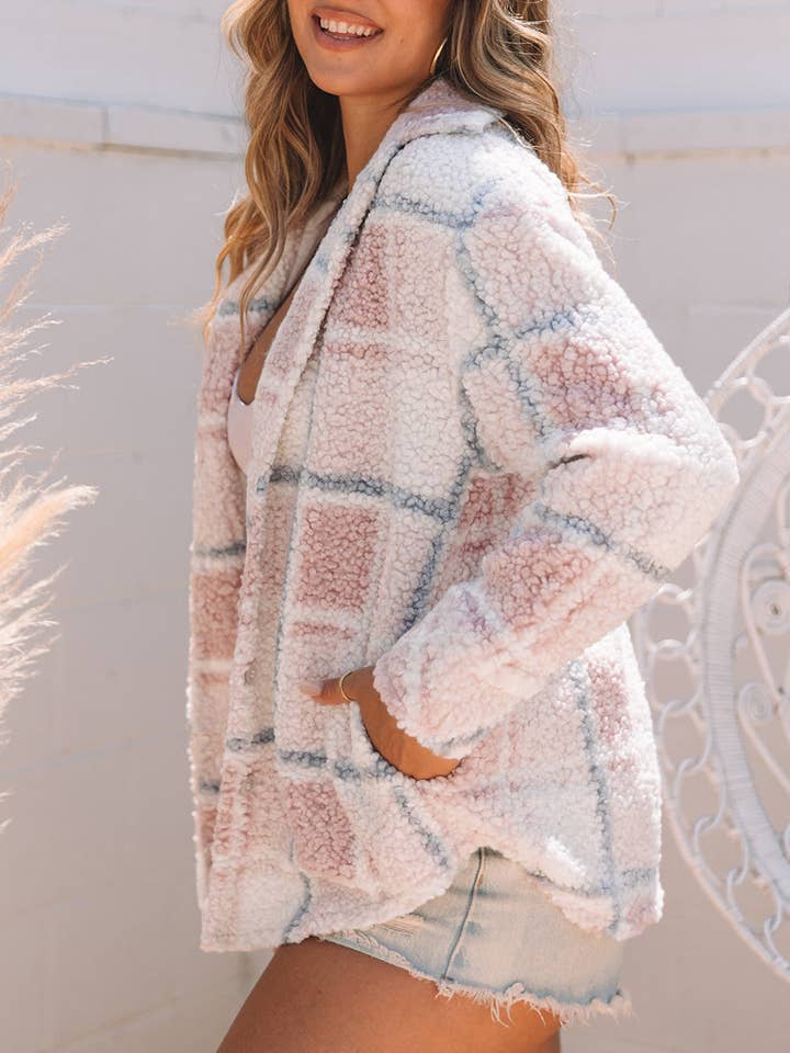 Multicolor Checker Print Turn Down Collar Sherpa Shacket for wholesale on Faire