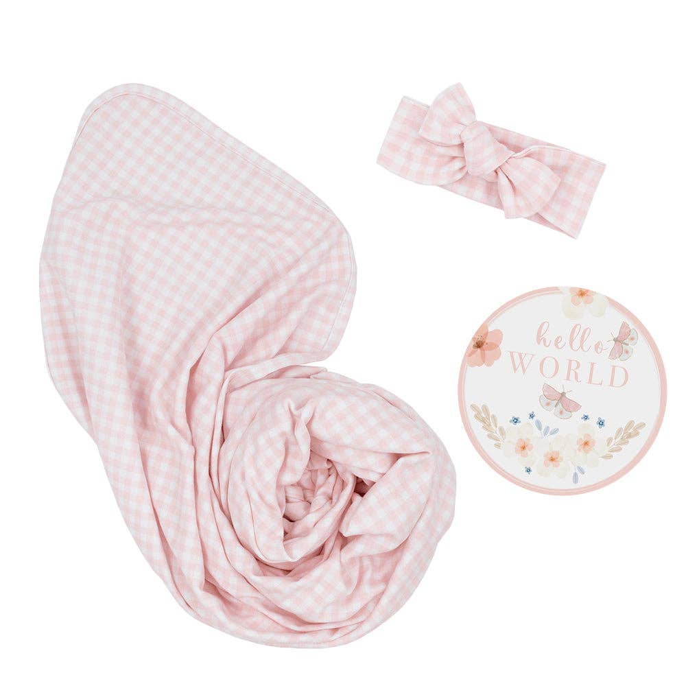 Living Textiles - Wholesale New Mom Gift Box/Set - Hello World Gift Set - Pink Gingham1