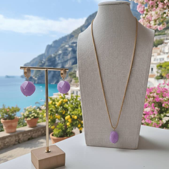 Glanzende blauwe regen ketting van staal en 18K goud en lila jade voor wholesale door OE!