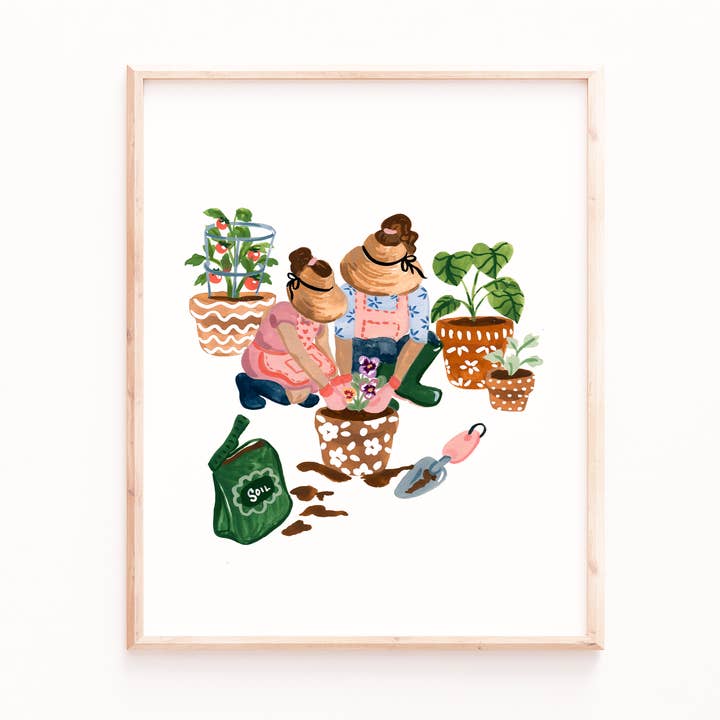 Mom and Daughter Gardening Art Print for wholesale by Sabina Fenn