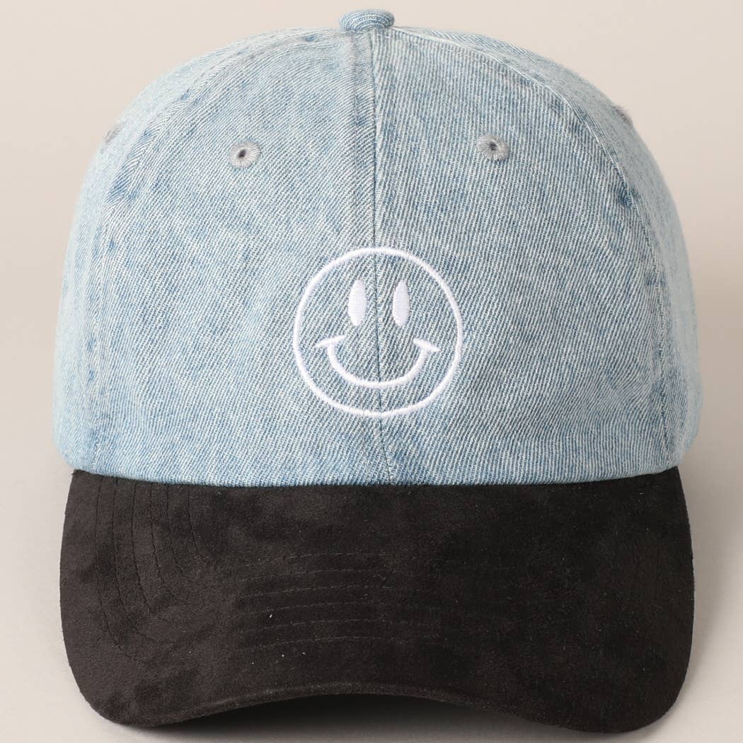 Fashion City - Wholesale Baseball Cap - Women's - Happy Face Embroidered Black Visor Denim Cap3