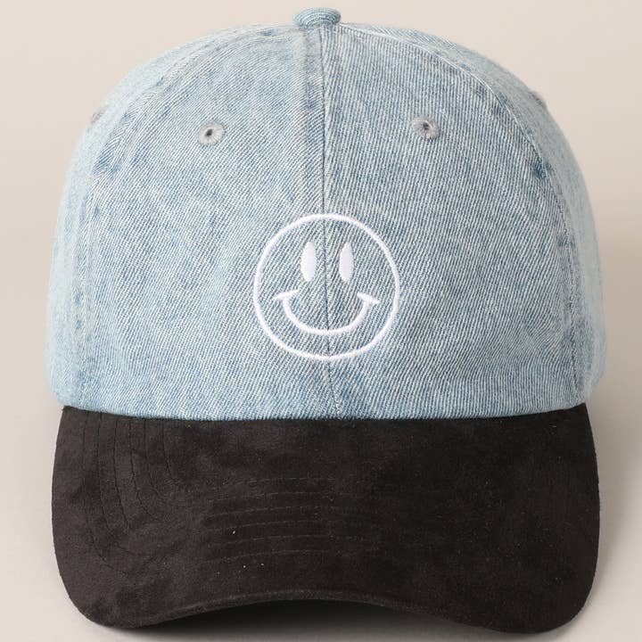 Fashion City - Wholesale Baseball Cap - Women's - Happy Face Embroidered Black Visor Denim Cap3