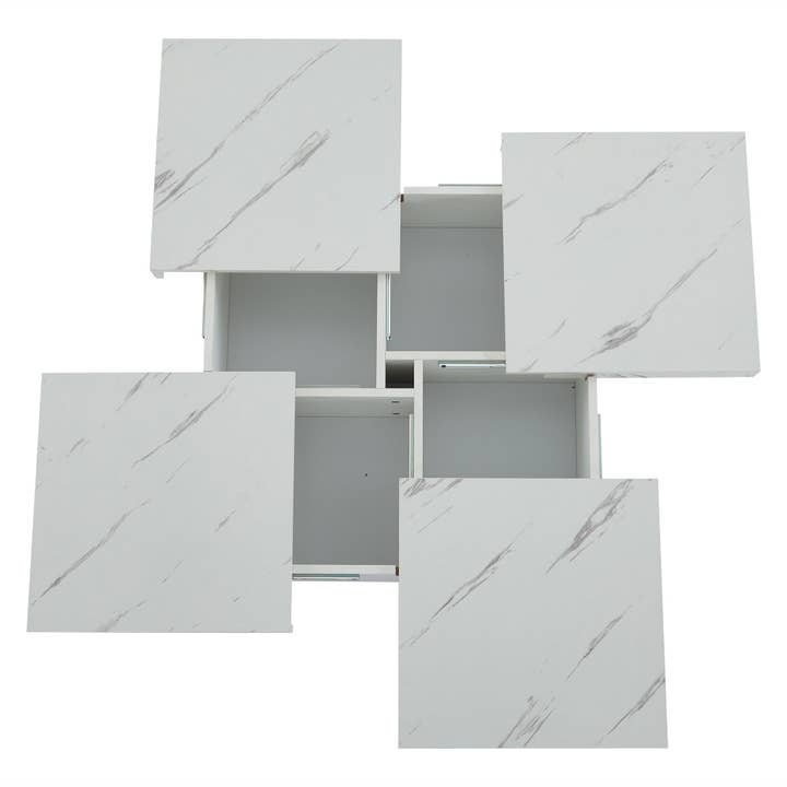 Urban Meuble - Wholesale Side Table - Modern white square coffee table with marble effect, 4 drawers, sliding top 90x90x25cm KHEKRIED40