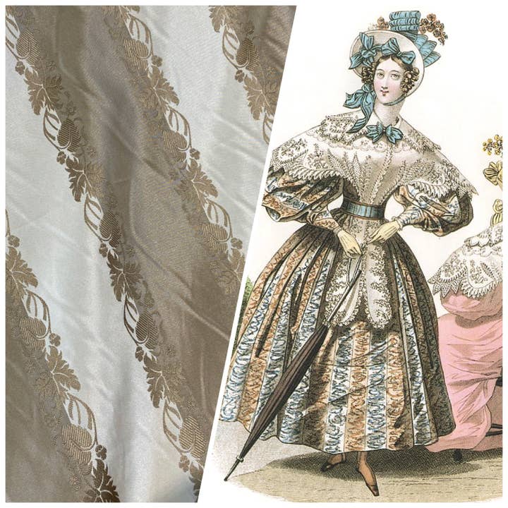 Fancy Styles Fabric - Vendita all'ingrosso Tessuto - NOVITÀ Contessa Irene taffetà in finta seta champagne e oro antico a righe con ricamo a vite