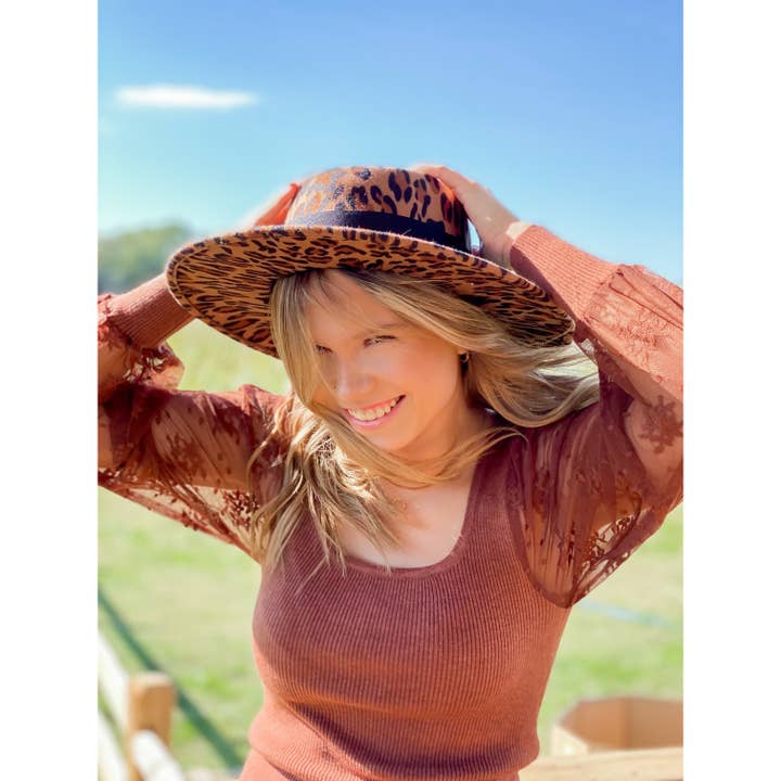 Leopard Vegan Fabric C.C Boater Hat WF8 for wholesale by C.C Beanie