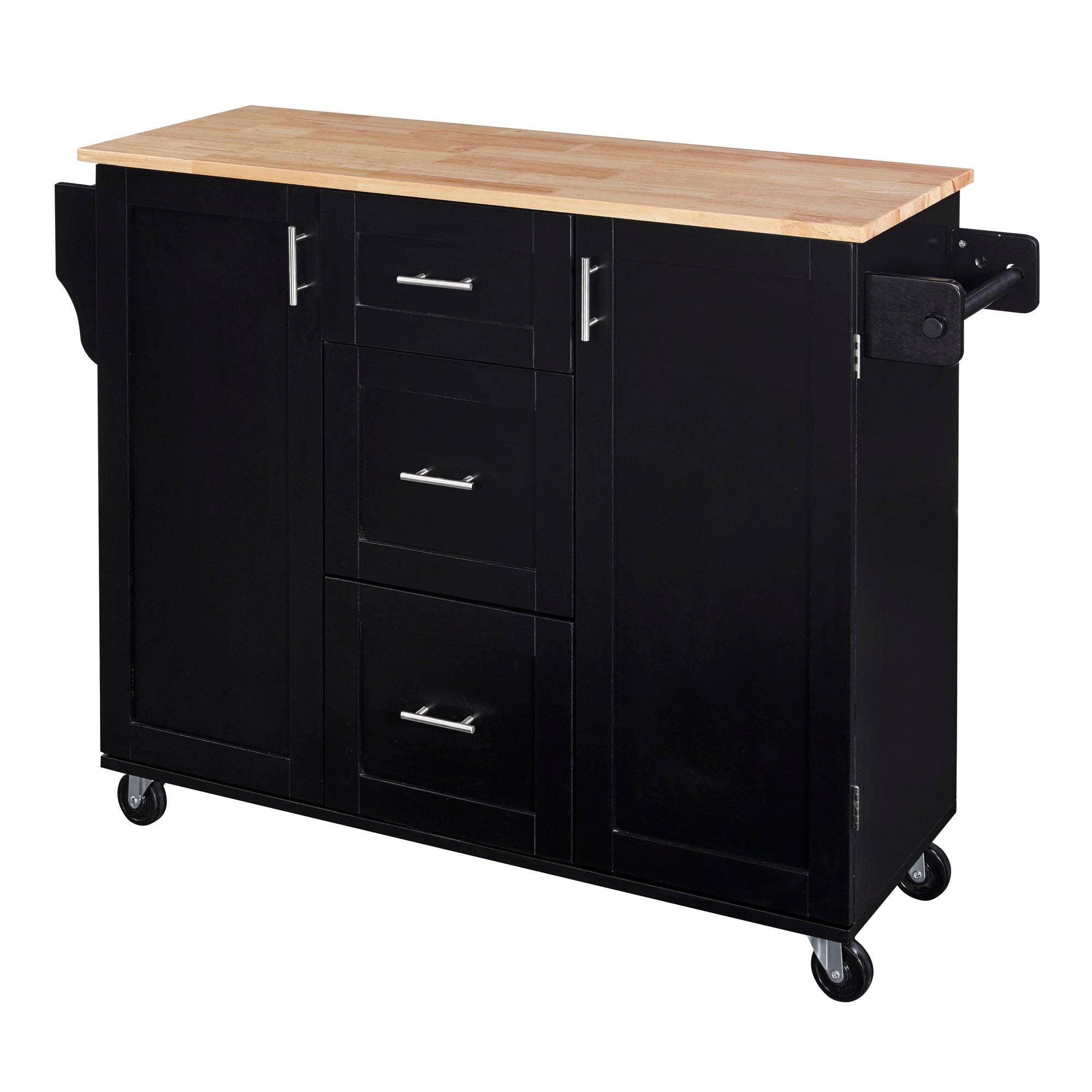 Orange County Decor - Wholesale Kitchen Storage/Organizer - K&K Rolling Kitchen Island With Storage, Kitchen Cart With Rubber Wood Top, 3 Drawer, 2 Slide Out Shelf And Internal Storage Rack, Kitchen Island On Wheels With Spice Rack & Tower Rack, Black Black12