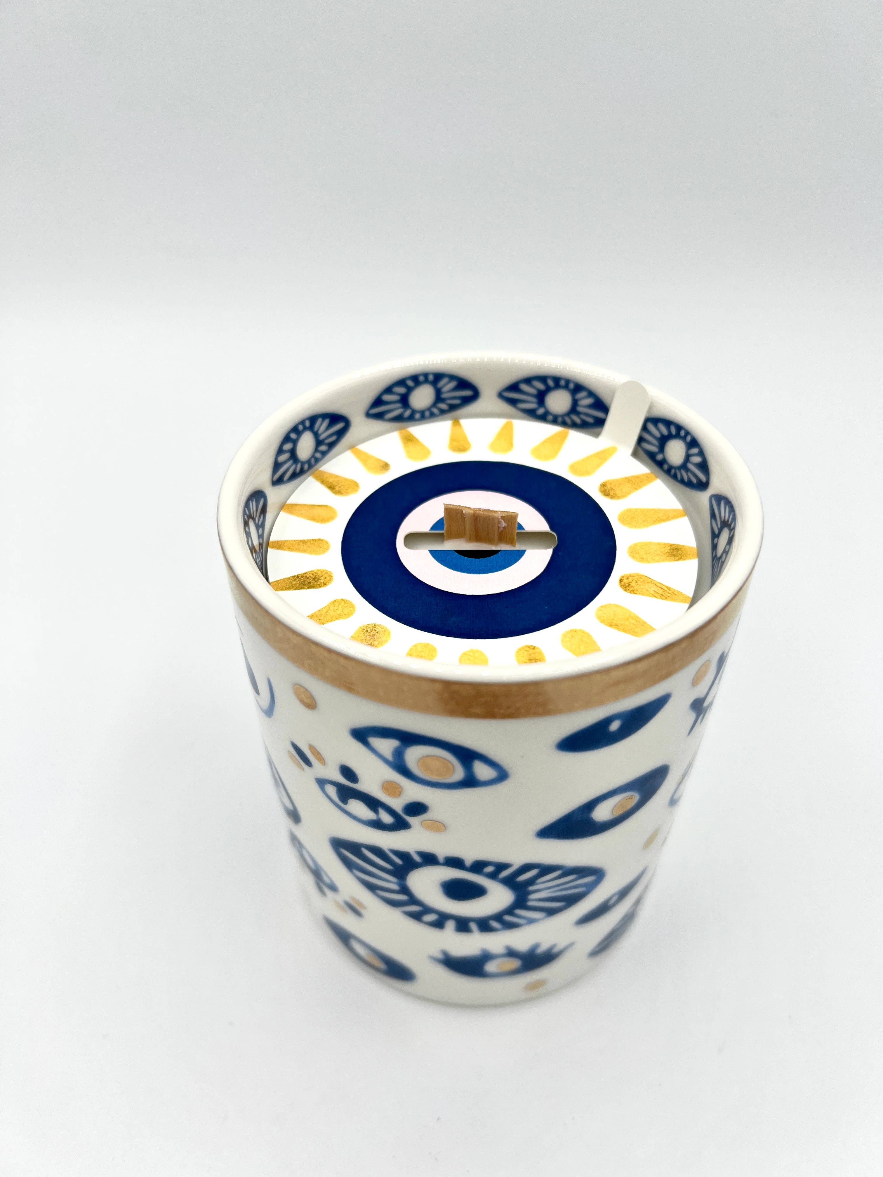 The Sacred Wild Candle Co - Wholesale Novelty Candle - NEW! Beautiful Gold, Blue & White Ceramic "Evil Eye" Candle 1