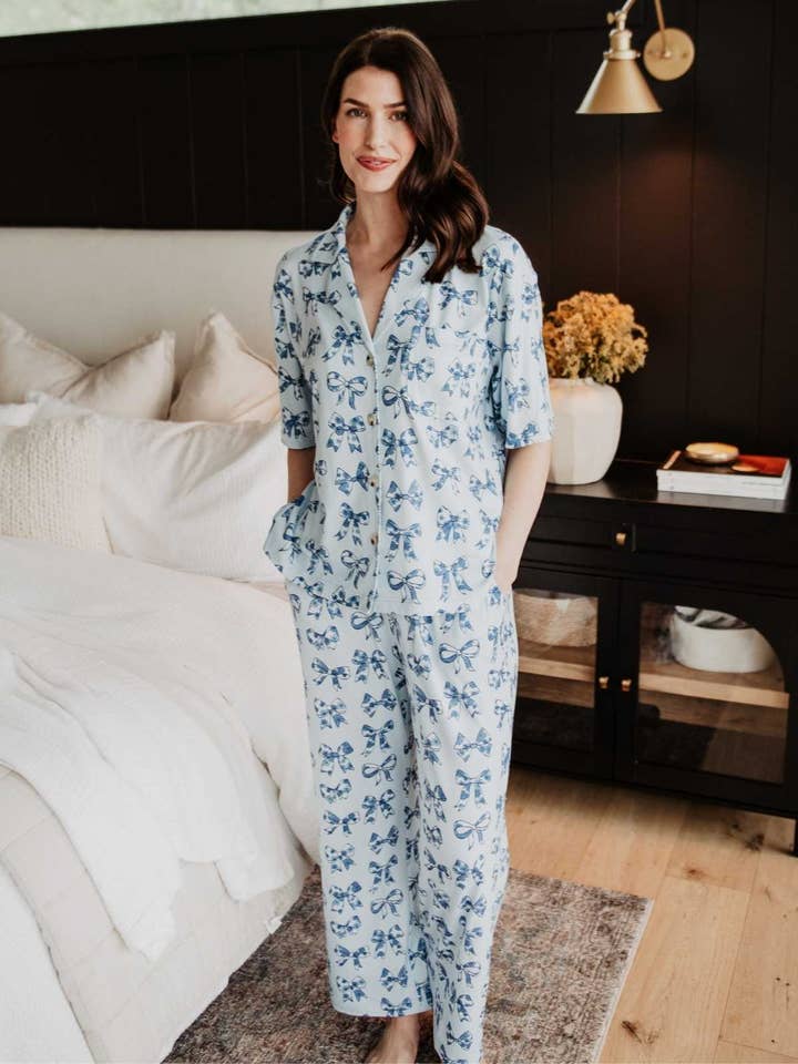 Light Blue Toile Coquette Bows Lounge Pants Set for wholesale on Faire2