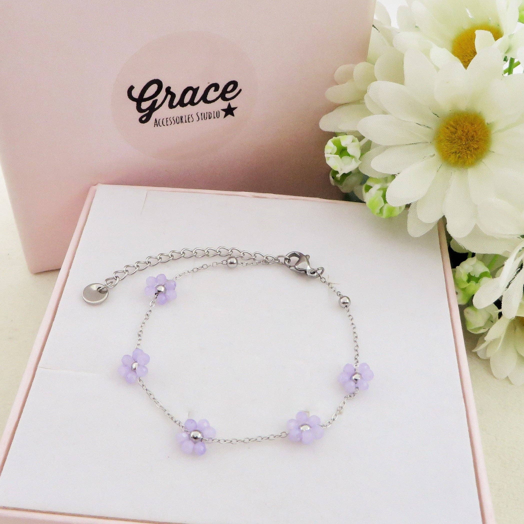 LILA + SILBER DAISY LILAC SET~ Set aus Halskette + Armband aus Edelstahl mit Blumen und Kristallen für den Großhandel auf Faire2