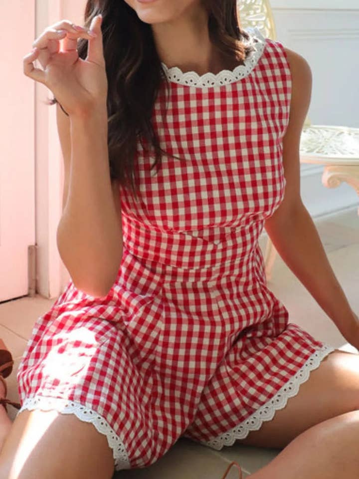 Lace Detail Plaid Sleeveless Romper for wholesale by Salty Bloom