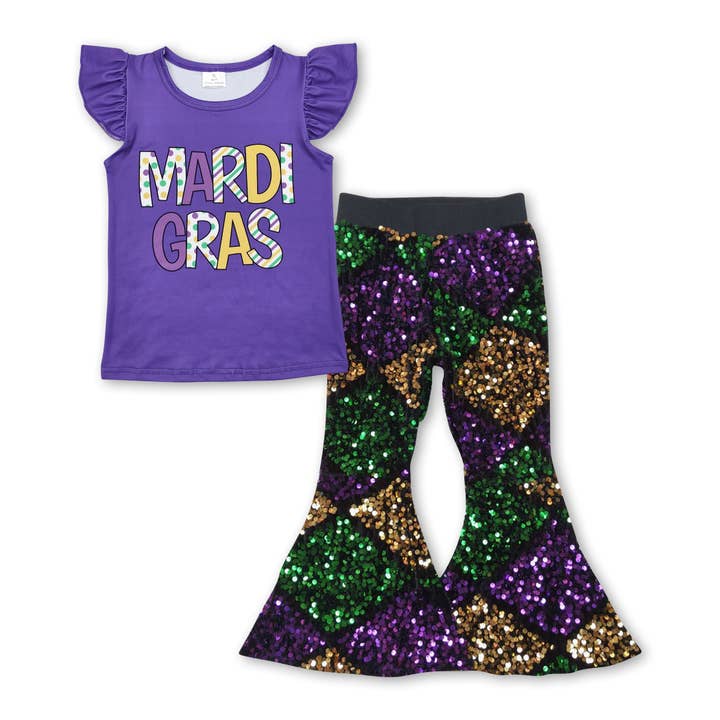 Purple Mardi Gras top sequin pants kids girls clothes for wholesale by Yawoo Garments