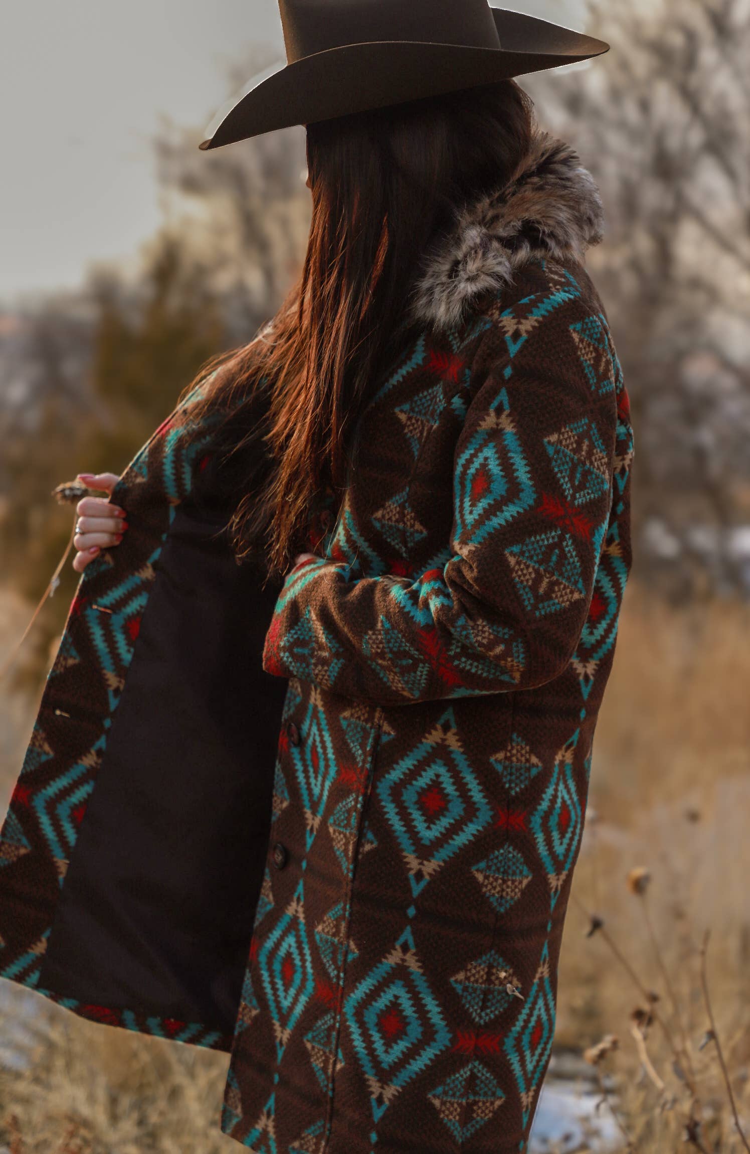 TURQ Ladies Long Aztec Jacket/ Coat with Removable Fur- L-25608 for wholesale on Faire8