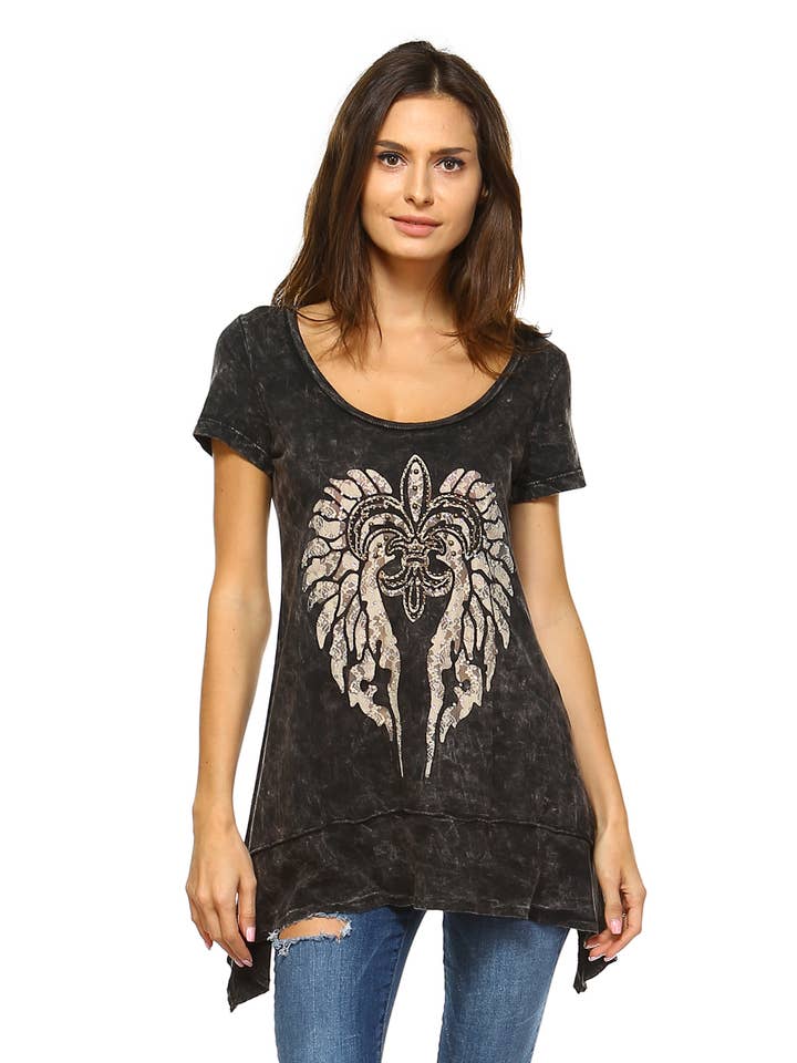 Schwarzer Rundhalsausschnitt gerippt Shortsleeve Shark Biss Top für den Großhandel von Urban X Apparel