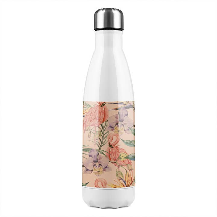 Tropical Leaves On Black Stainless Steel Bottle for wholesale by Benjamin Tate Design