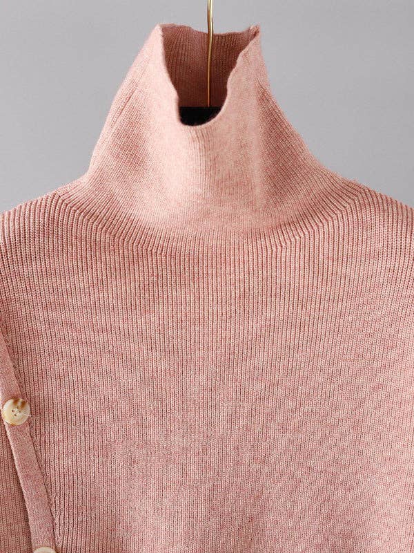 ShieldChic - Vendita all'ingrosso Completo top e pantaloni (NON loungewear) - Donna - Set Due Pezzi: Maglione a Collo Alto con Spacco Anteriore e Bottoni Sciolti in Colore Solido & Pantaloni a Gamba Larga Urbani10