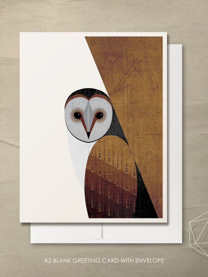 Biglietto di auguri bianco A2 — Barn Owl per la vendita all'ingrosso da parte di Lucky Skye Graphics