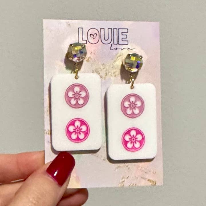 Louie Love - Wholesale Dangle Earrings - Acrylic Pink Mahjong Game Social Club Girls Earring0