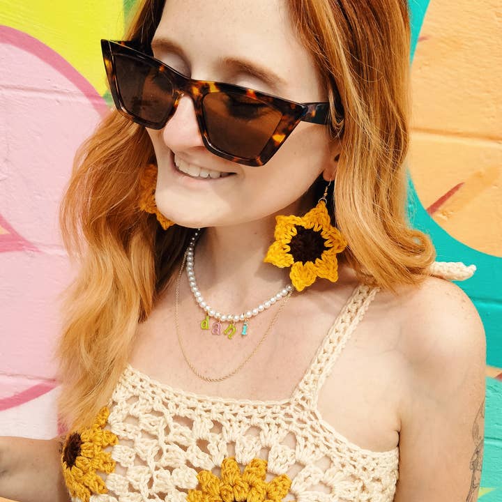 Crochet Sunflower Earrings for wholesale by The Happy Hooker