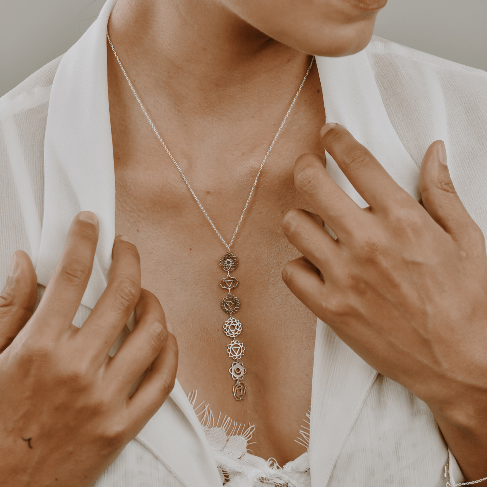 Sterling Silver Chakra Filigree Drop Necklace - All 7 Chakras for wholesale on Faire1