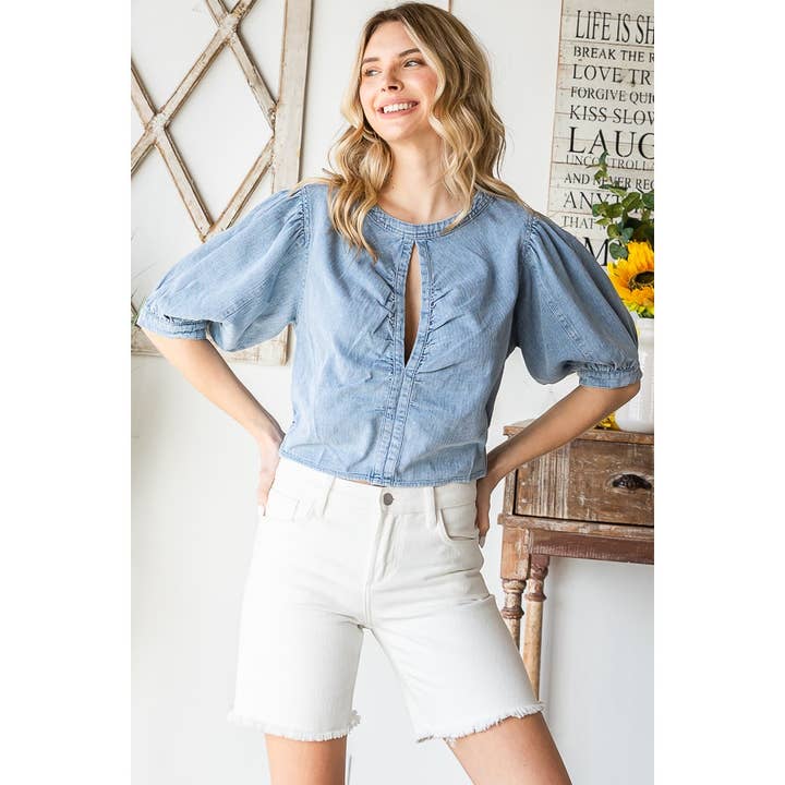 WASHED FRONT SLIT PUFF SLEEVE DENIM CROP TOP for wholesale on Faire1