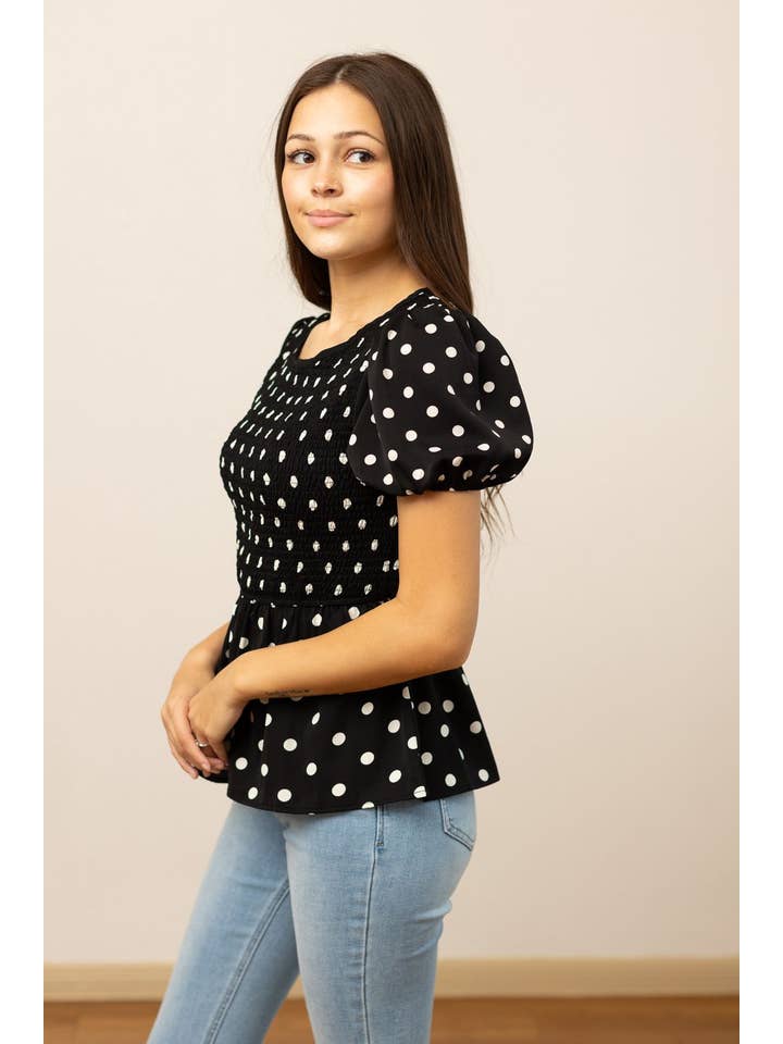Black Polka Dot Smocked Blouse for wholesale on Faire