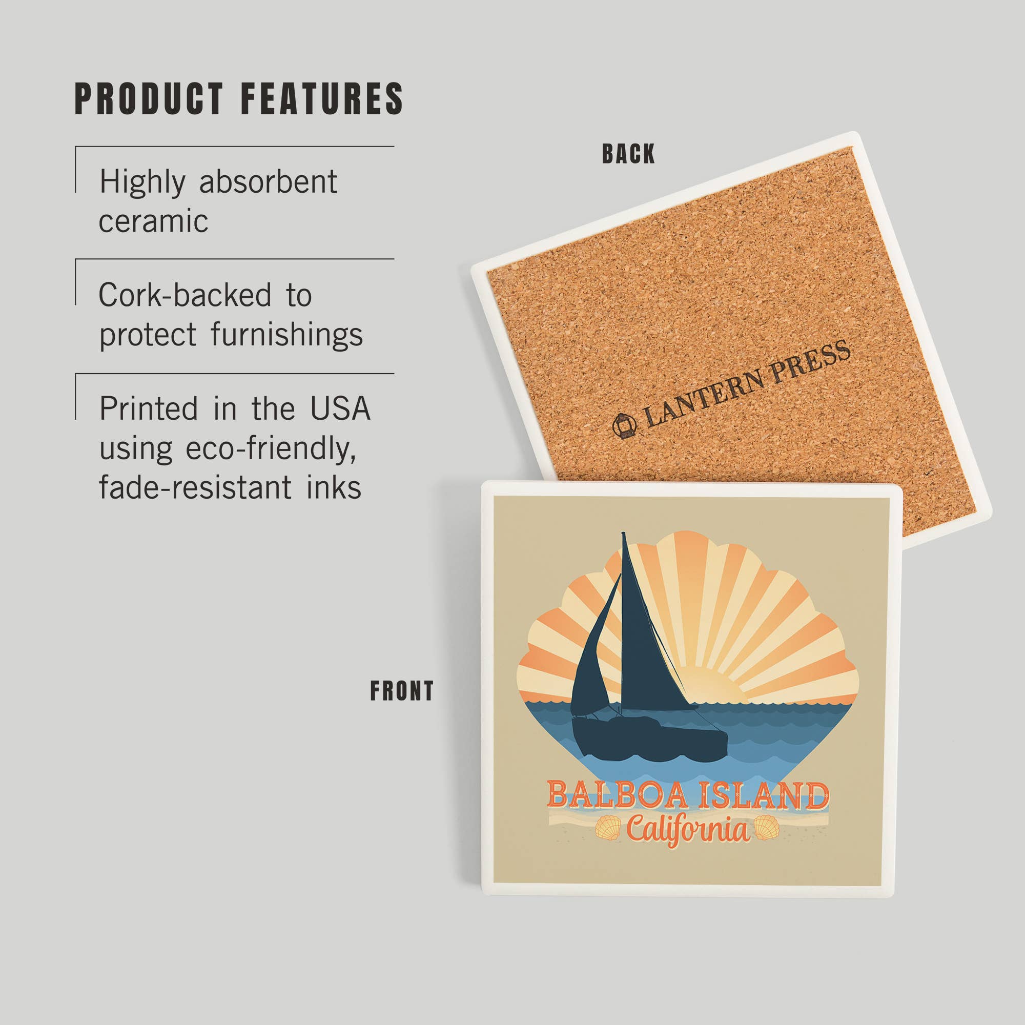 Lantern Press - Wholesale Coasters - Ceramic Coaster Balboa Island, California, Beach Scene wi…2
