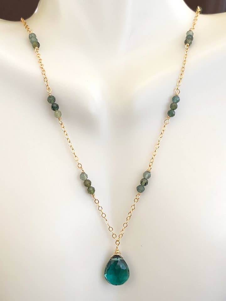 Green tourmaline with indicolite quartz drop for wholesale by Judy Brandon Jewelry