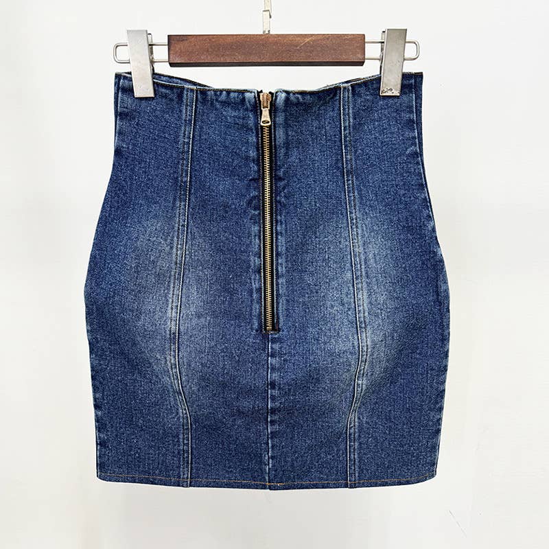 Azul Conjunto elegante de saia e blazer justos de denim para venda a revendedores na Faire11