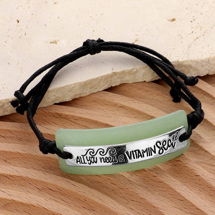 ALL you need is VITAMIN... Sea Glass Message Adjustable Cinch Pull Tie Cinch Bracelet for wholesale by Sensibling Corp.