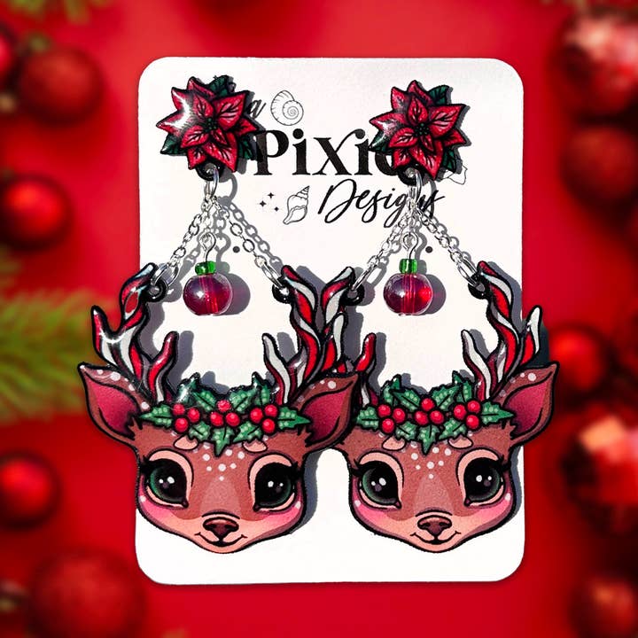 Mistletoe Reindeer Christmas Dangle Earrings for wholesale by Sea Pixie Designs