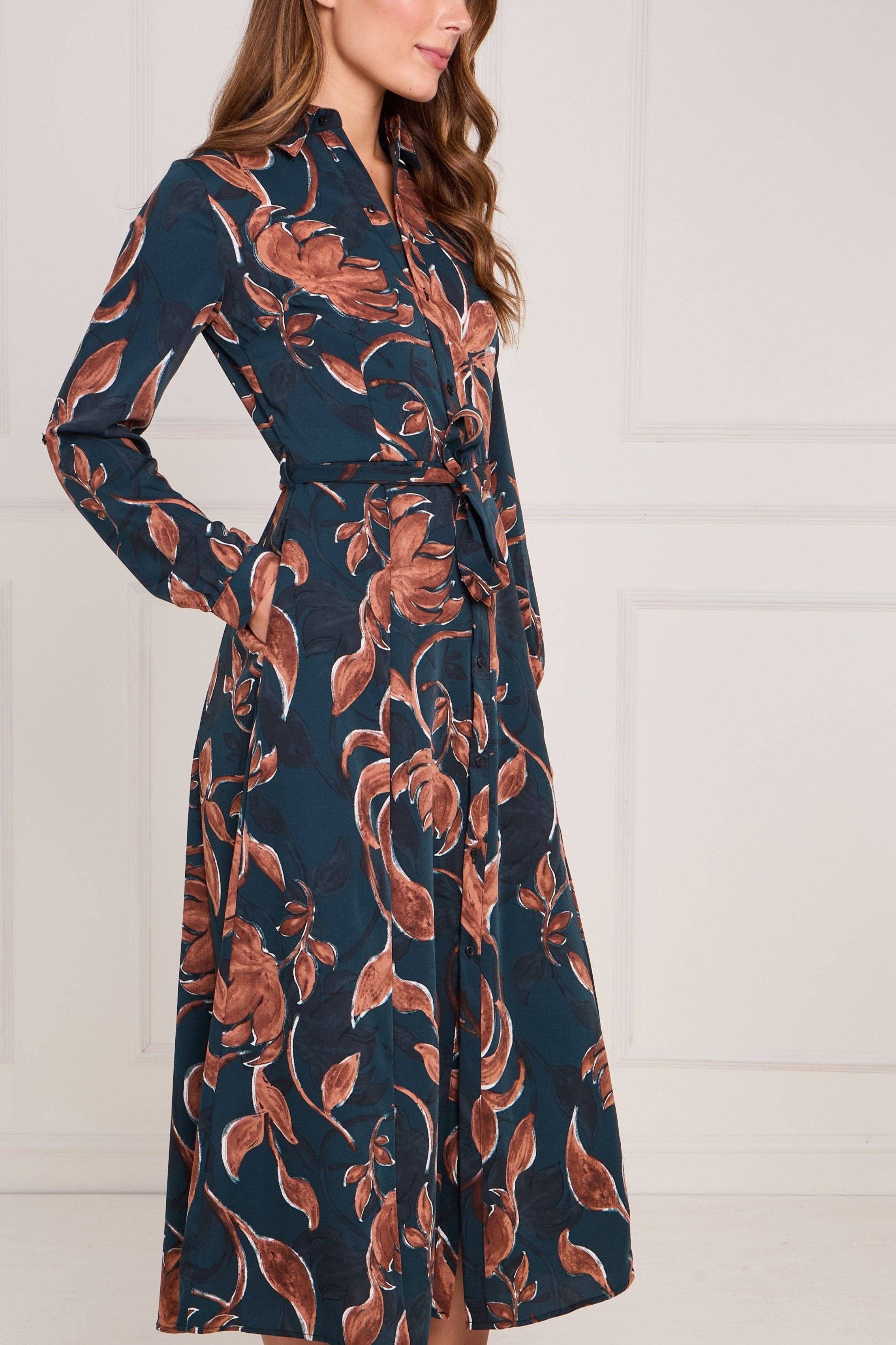 brown Teal and Chestnut Floral Print Maxi Shirt Dress for wholesale on Faire4